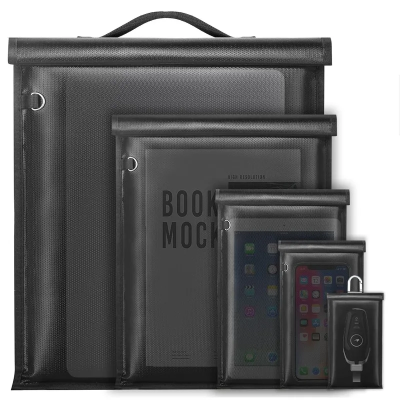 5pcs Black Waterproof Fire-Resistant RFID Shielding Pouch with Handle Faraday Bag For EMF Protection Theft Tracking Prevention