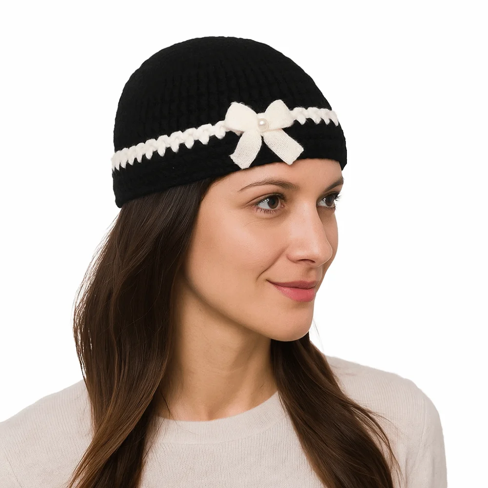 

Милая вязаная шапка в корейском стиле с цветами, ажурная, с бантом, ручной работы, теплая, для улицы