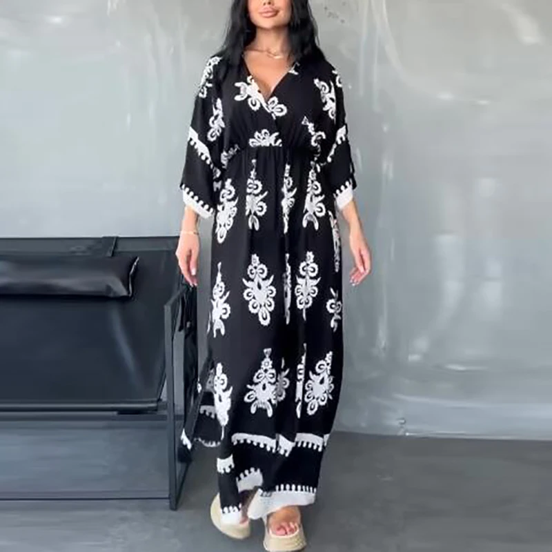 Vintage Dresses Woman Summer V Neck A-Line Long Dress Women Casual Printed Beach Holiday Dress Boho Party Dresses