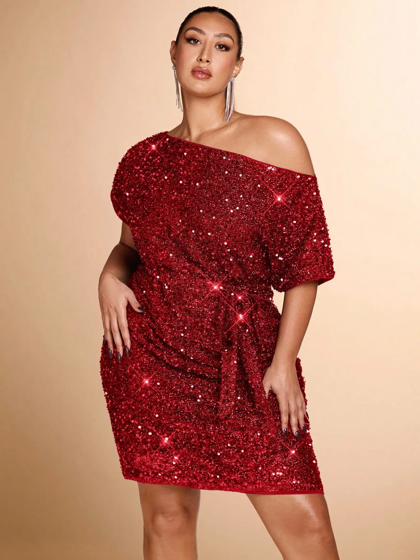 

Red Sequined Off-Shoulder Mini Dress With Waist Tie For Party Evening Wear