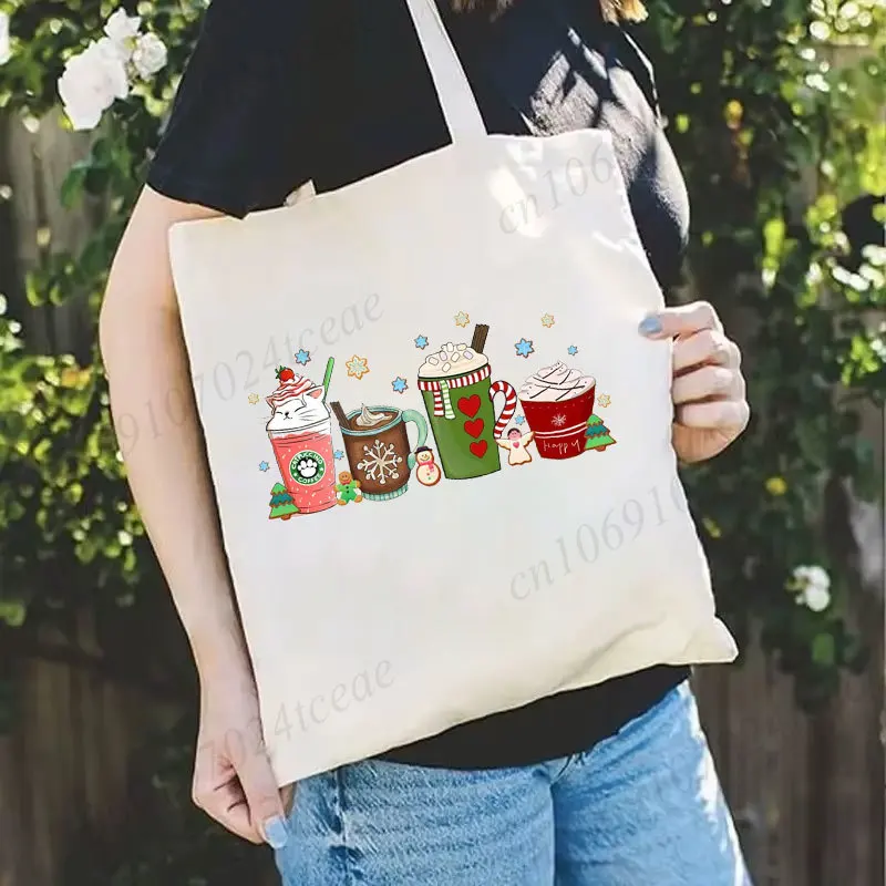 Christmas Coffee Women Tote Bags, Snowman Gingerbread Graphic Canvas Shoulder Bags for Xmas Holiday Gifts