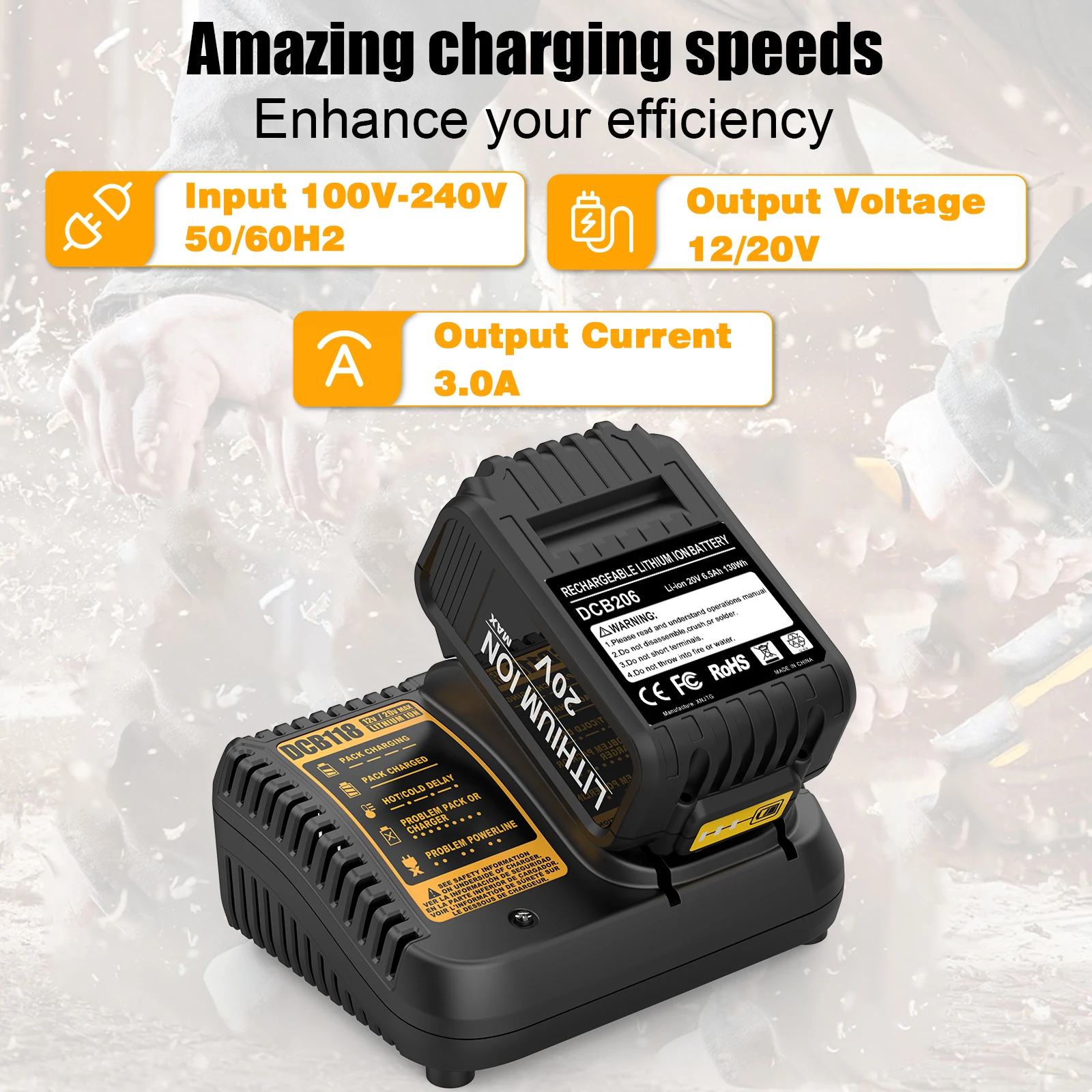 DCB118 Fast Charger Compatible with Dewalt 18V 20V Lithium Battery DCB120 DCB127 DCB121 DCB204 DCB205 DCB206 - view 2