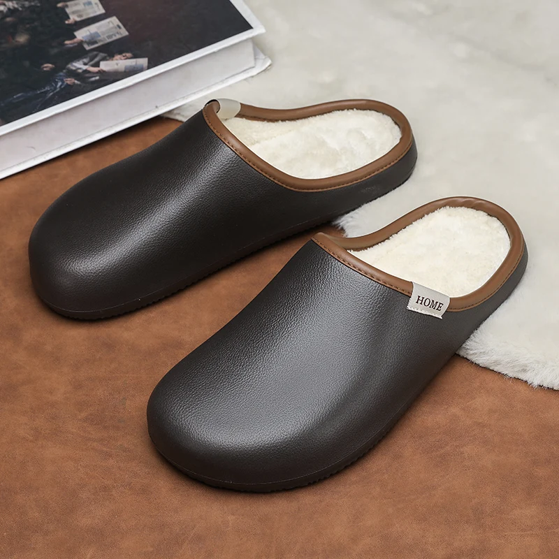 Modische Herren-Baumwollpantoffeln, Winterliche Freizeitschuhe für Zuhause mit Fell, Wasserdichte Warme Plüschschuhe, Bequeme Leder-Clogs