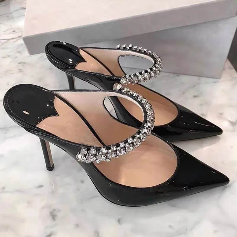 Spring and summer new high-heeled shoes Muller shoes pointed rhinestone chain fashion banquet Baotou stiletto ladies sandals
