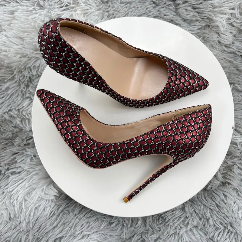 Tikicup Mesh Pattern Women Sexy Wine Red Pointy Toe High Heel Shoes Burgundy Slip On Stiletto Pumps for Party Show 8cm 10cm 12cm