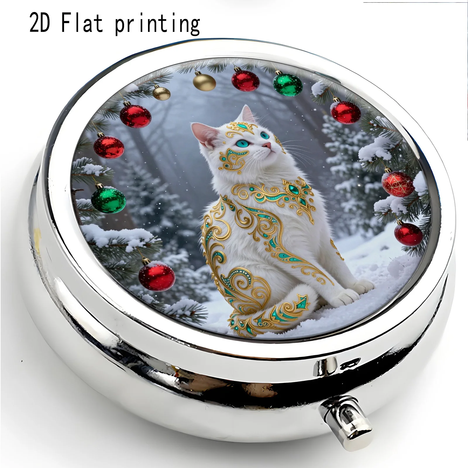 Single-pack, flat, round three-compartment pill box, designed with a Christmas cat pattern, portable pill box, personal medication storage box, suitable as a holiday gift, ideal for personal use or as an exquisite present