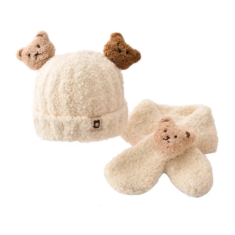 2Pcs Newborn Baby Stuff Cartoon Bear Hat for Girls Boys Scarf Thicken Cap Winter Hat for Kids Children Hat Plus Fleece Kids Caps