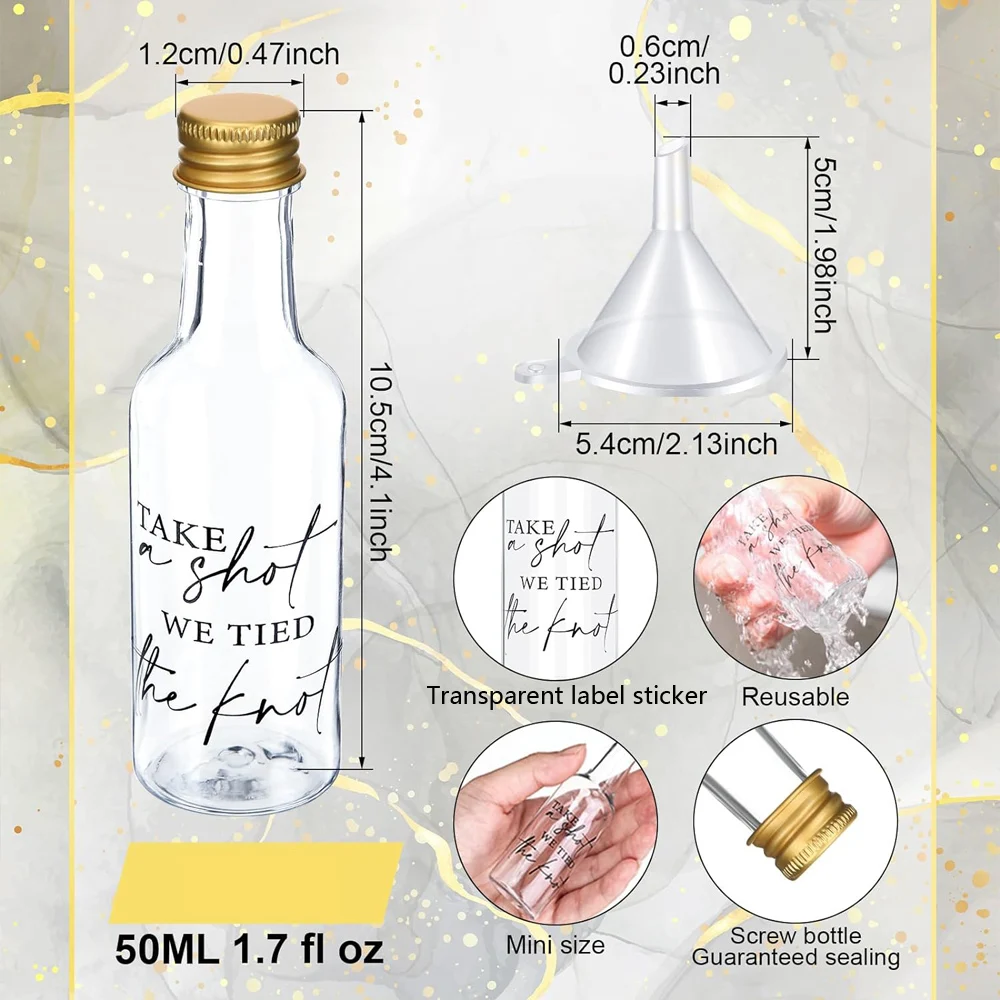 50ml Mini Plastic Liquor Bottles Set, Take a Shot We Tied the Knot Wedding Spirit Bottles Alcohol Shot Bottles with Caps Bridal