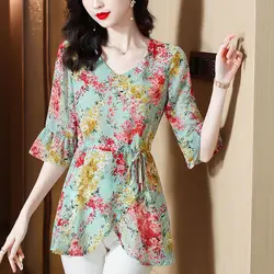 Elegant V-Neck Printed Bandage Bow Flare Sleeve Floral Blouse Women Clothing New Summer Oversized Casual Top Asymmetrical Shirt