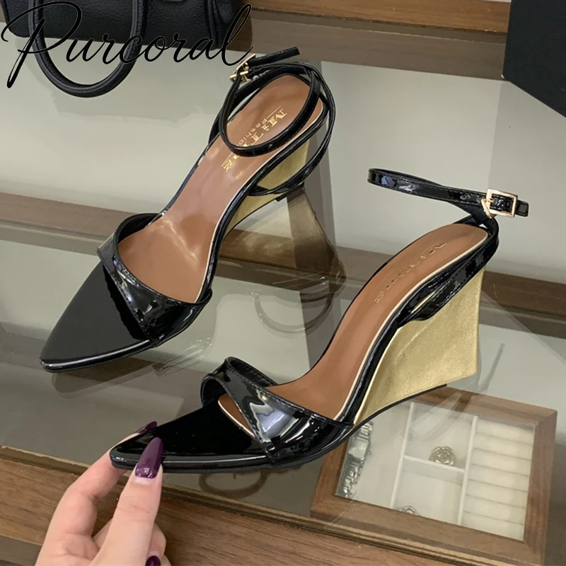

Purcoral 2026 New Leopard Print Wedges High Heels Women Sandals Summer Fashion Square Toe Buckle Strap Banquet Dress Shoes