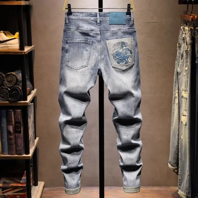 

Luxury Man Clothing Brands Fashion Embroidered Ripped Jeans Men's Slim-fit Pants Autumn New Trendy Brand Elastic Casual Trousers