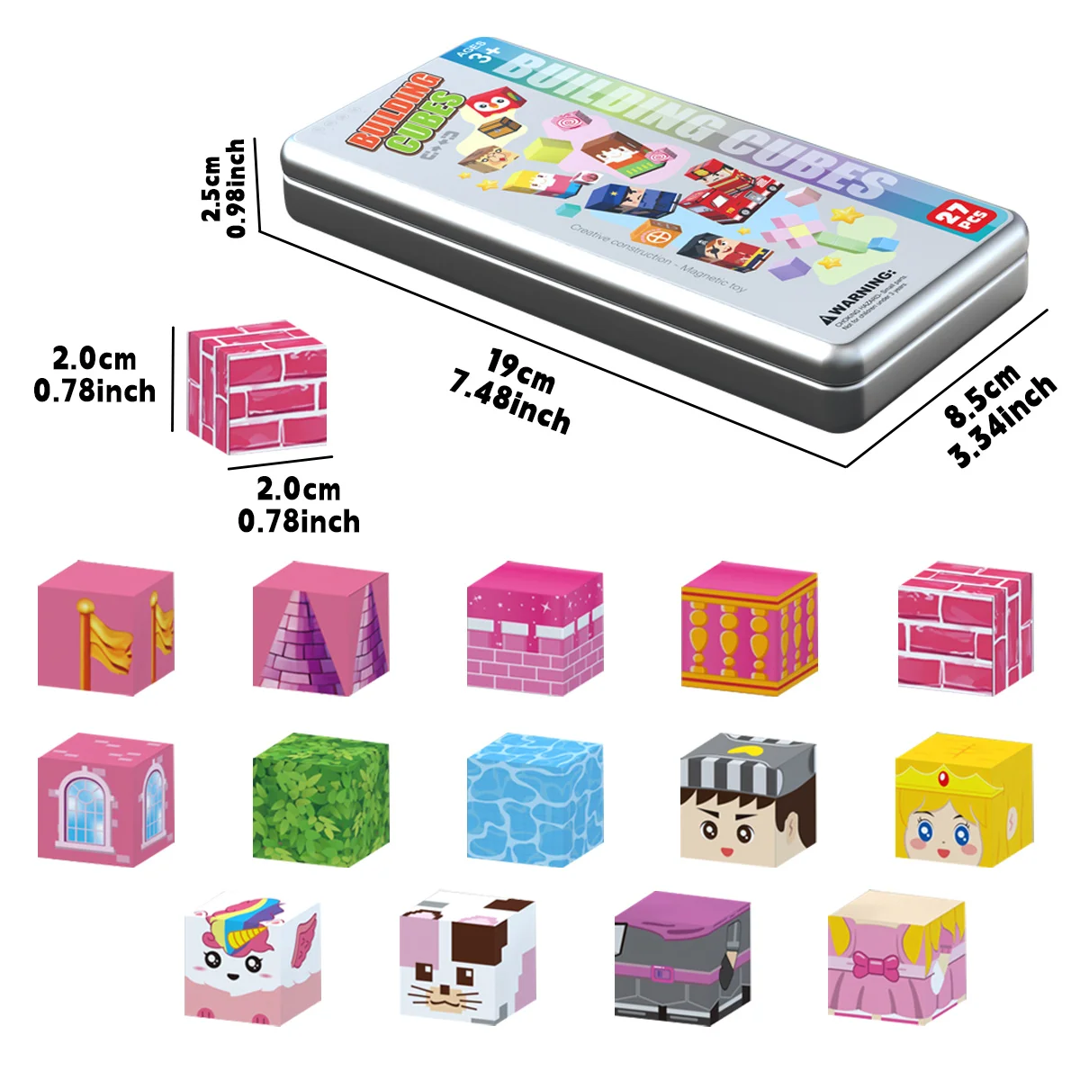 27 قطعة مكعبات بناء مغناطيسية للأميرة في صندوق حديدي، مكعبات مغناطيسية، ألعاب مغناطيسية، هدية عيد الميلاد/الهالوين، هدايا عيد الميلاد