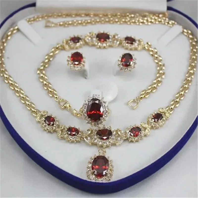 3pcs Green Blue Red Oval Stone Jewelry Chain Necklace Pandant Bracelet Ring Earrings Set Vintage Women Bride Wedding Party Gifts