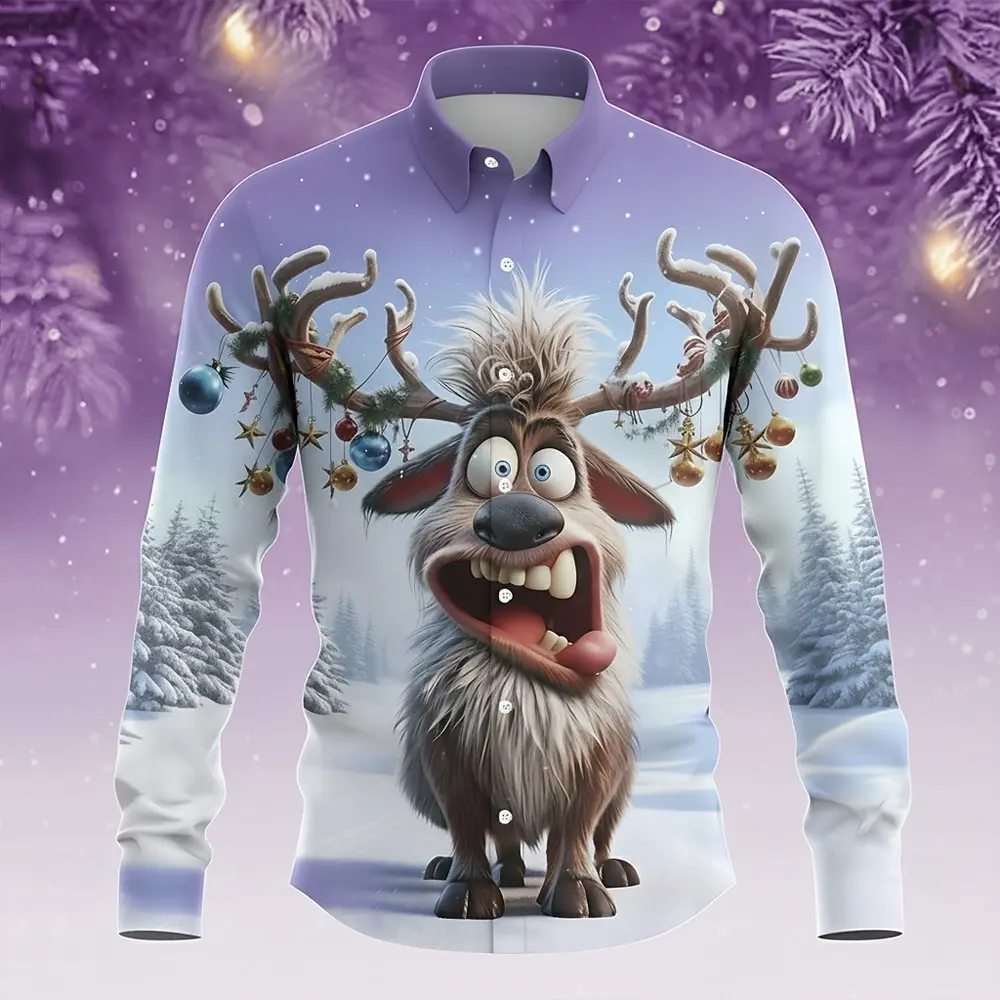 Abstract Cartoon Elk Graphic Men's Shirts Christmas Theme Creative Design Long Sleeve Shirt Autumn Winter Outdoor Casual Clothes