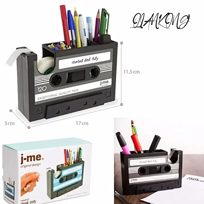 2 In 1 Multifunctional Pen Holder Creative Office Desk Stationery Organizer Retro Cassette Tape Dispenser Pen Holder Gift