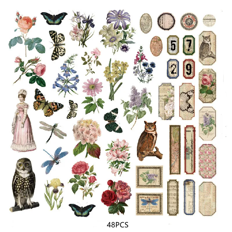 1Pack Women's Flower and Bird Characters Vintage Sticker DIY Craft Scrapbooking Album Junk Journal Decorative Stickers