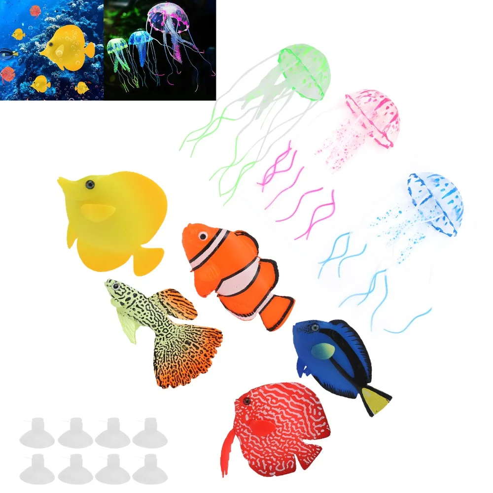 

8Pcs Set Glowing In Dark Artificial Glowing Fish Colorful Simulation Fake Glowing Fish Silicone Artificial Jelly-fish Fish Tank