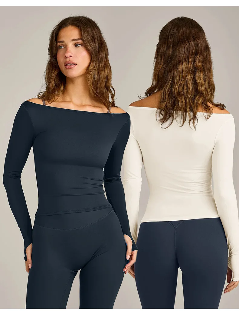 Women Off Shoulder Long Sleeve Thumb Hole Crop Top Soft Stretch Slim Fit Yoga Gym Casual Daily Spring Autumn T Shirt Blouse