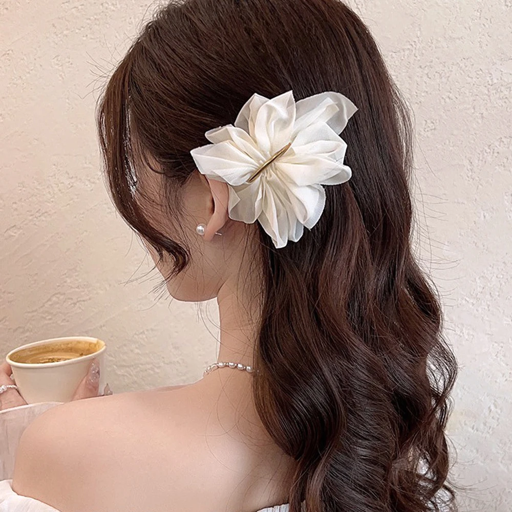 Fashion Chiffon Mesh Flower Hair Clips Pins Women Girl Large Fairy Ponytail Holder Barrette Bridal Elegant Headwear Decoration