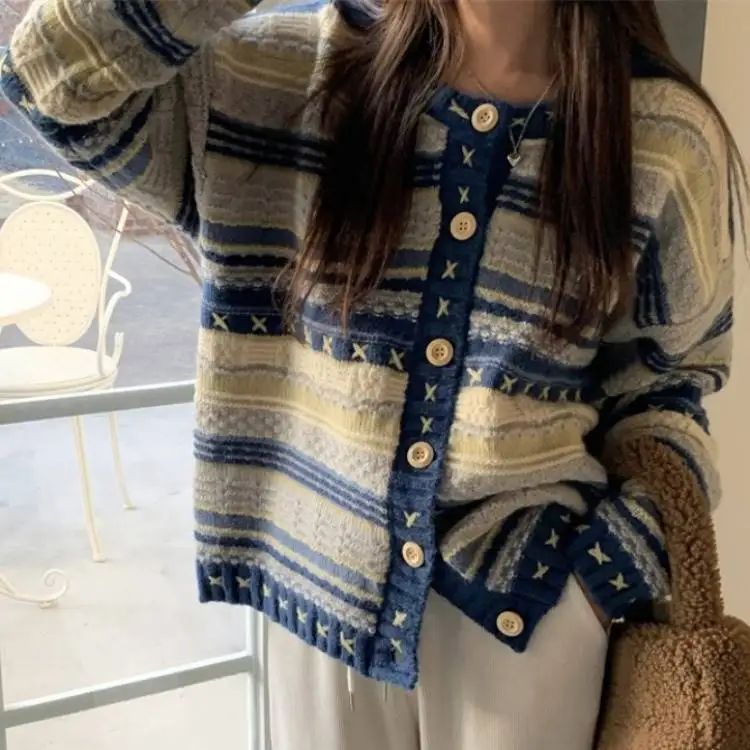 

Color Blo Knitted Open Cardigan Women's Faionable Striped Sweater Jaet Autumn 2023 New Sle Artistic Regular Fit Long ...