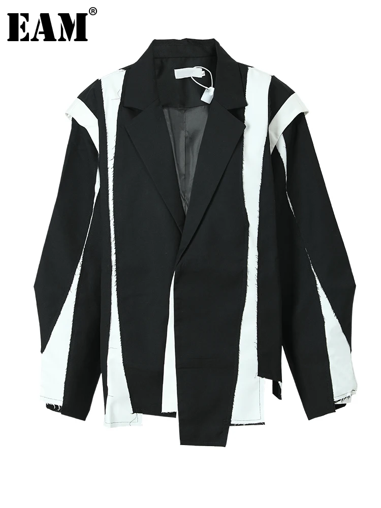 EAM-Blazer irrégulier noir pour femme, blazer grande taille, revers, veste à manches longues, marée de mode, printemps, automne, 1DF3080, nouveau,