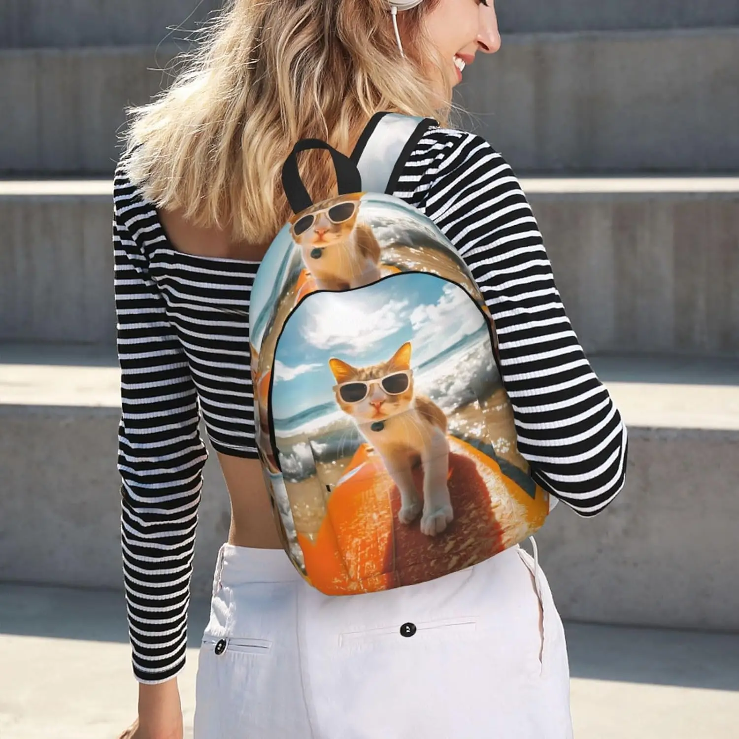 حقيبة ظهر للكمبيوتر المحمول للسفر - حقيبة ظهر قماشية للكمبيوتر من Surfing Cat Sun مع أشرطة قابلة للتعديل