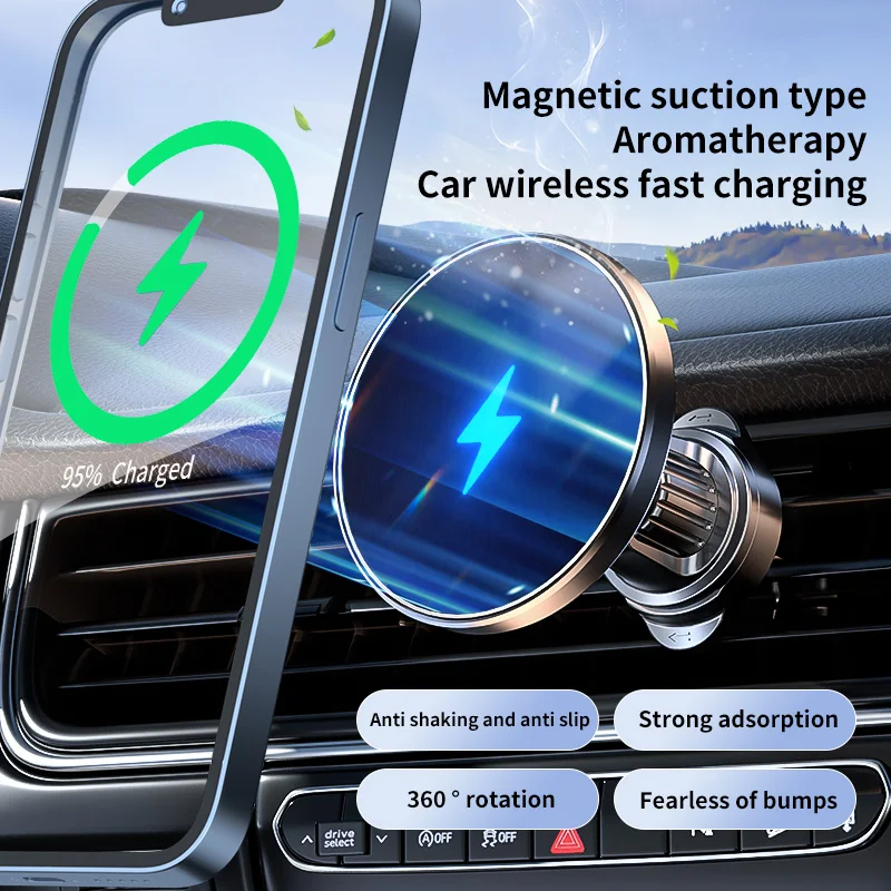 

15W Magnetic Aromatherapy Car Charger – Strong Suction, 360° Rot, Anti‑Shake for iPhone & Android – Vent Mount（S1）