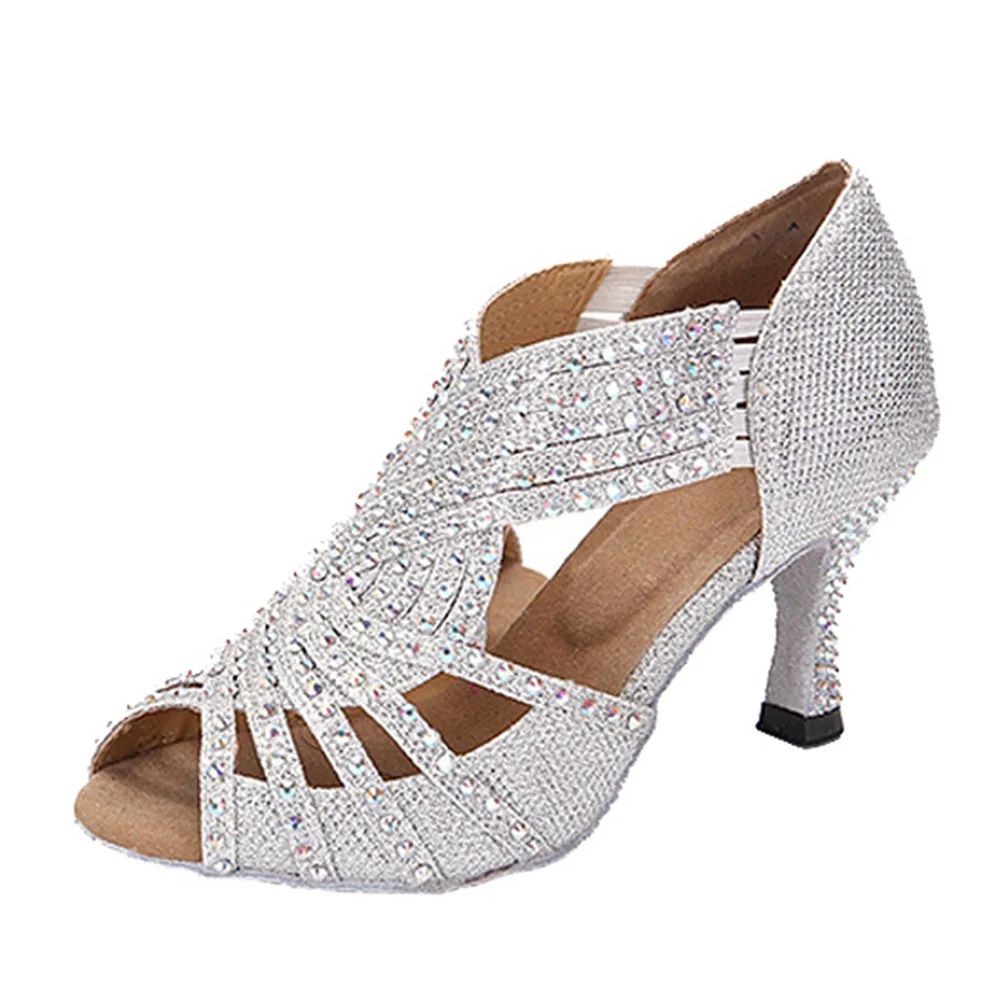 Silver Glitter Rhinestones Latin Dance Shoes 2023 Ballroom Dance Shoes Women Latin Salsa Practice Perfermence Dance Shoes