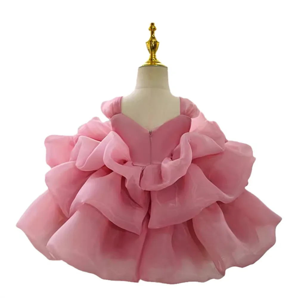 

Customized Rose Pink Flower Girl Dresses Pearls Butterfly Flowers Short Sleeve For Wedding Birthday Party Banquet Princess Gowns