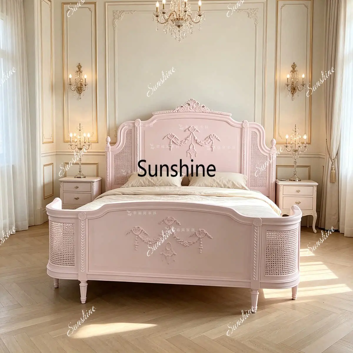 French solid wood carving flower pink, single rattan bed, master bedroom double wedding bed