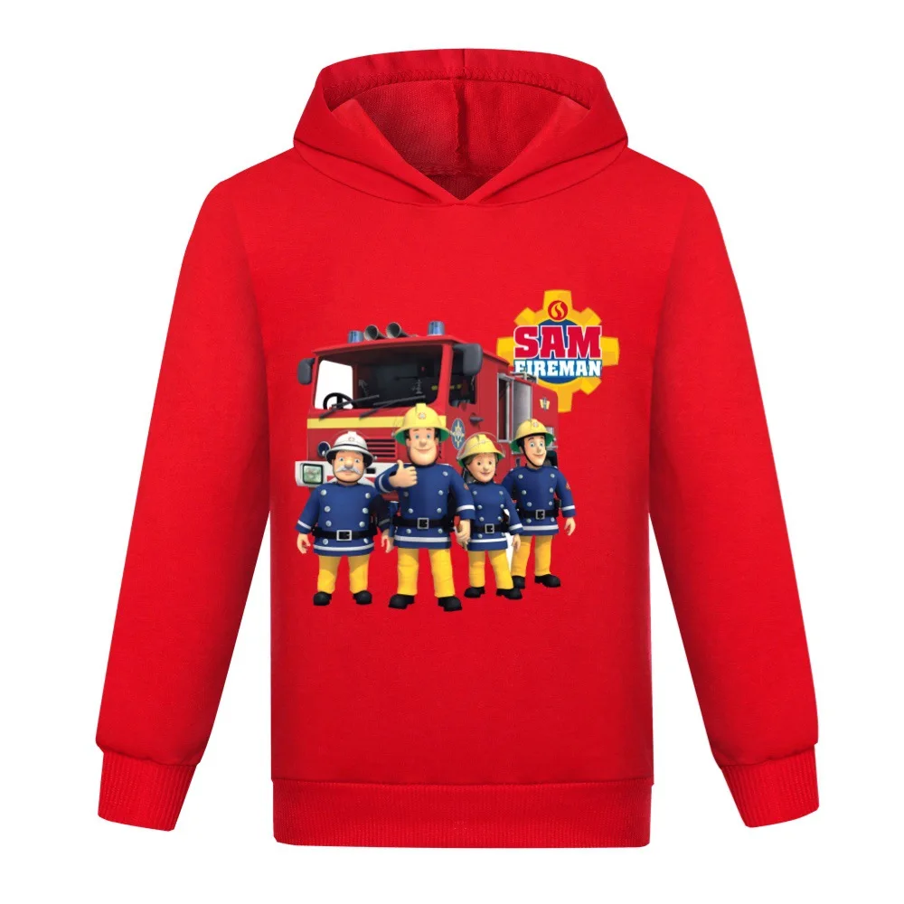 Cartoon Fireman Sam Hoodie Kids Firefighter Sweatshirts Youth Boys Hooded Pullover Coats Toddler Girls Autumn Casual Outerwear