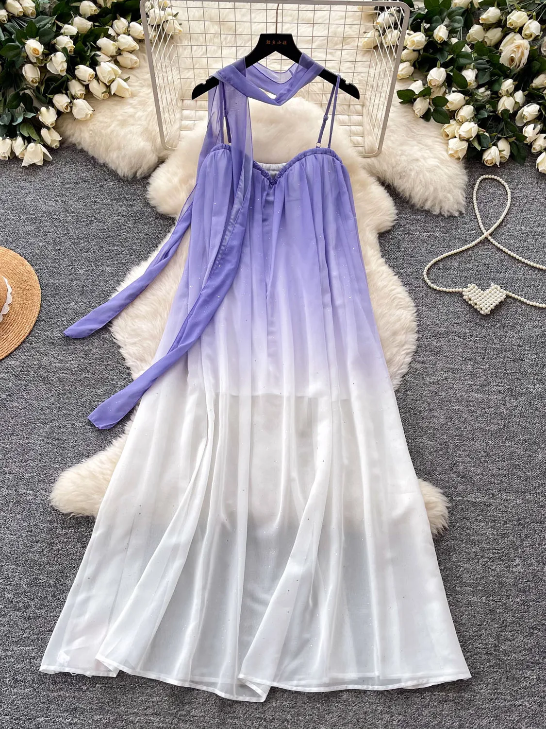 

Романтичное фиолетовое градиентное платье без бретелек, женское летнее платье без рукавов, ультра-сказочное, с драпировкой и бахромой, праздничный стиль, длинное платье