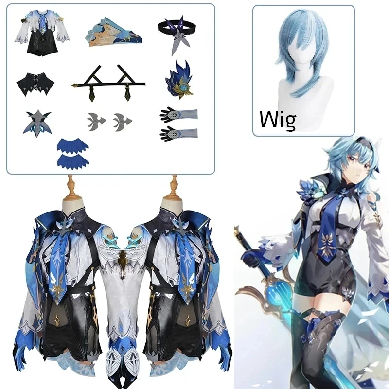 Eula Lawrence Cosplay Genshin Impact Costume Wig Uniform Wave Flower Knight Funny Costume Glove Jewelry Halloween Carnival