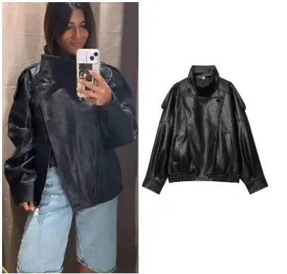 

KIDCRKJ Шикарные черные куртки из искусственной кожи для женщин, с длинными рукавами, на пуговицах, эластичные, оверсайз, модные осенне-зимние пальто в уличном стиле