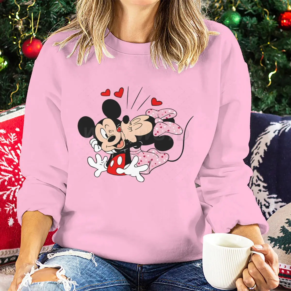 San Valentino Topolino Minnie Kiss Love Maglione Coquette Bow Minnie Mouse Felpe festive San Valentino Cuore Pullover a maniche lunghe