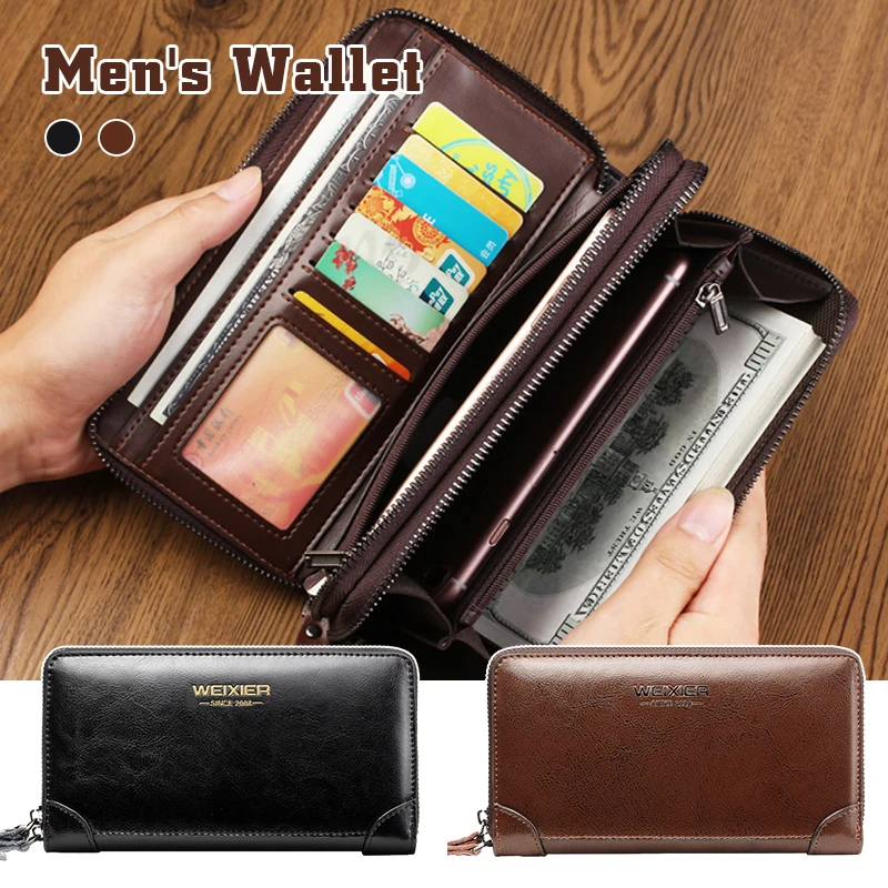 Men's Long Wallet Leather Business Clutch Handbag Zipper Large Phone Holder Bag Multifunction Wallet Commerce Style