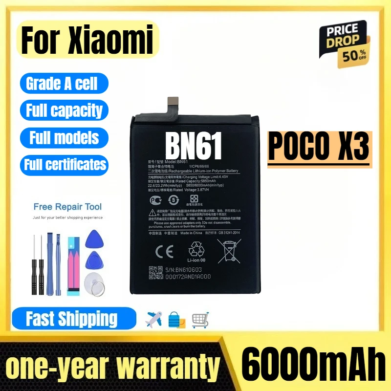 

BN61 for Xiaomi POCO X3 mobile phone battery high quality high capacity battery replacement Bateria Grade A cell with tools