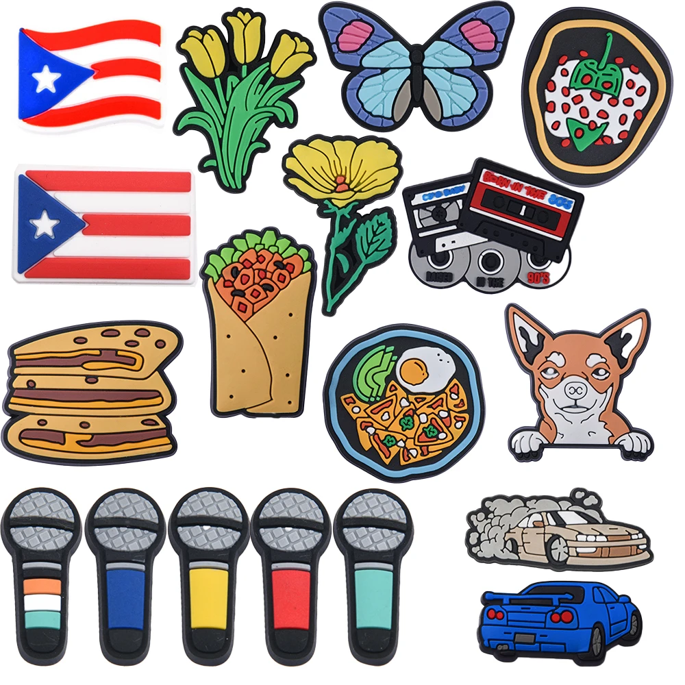 

1pcs Puerto Rico Flags Shoe Charms Mixstyle Dogs Cars Musical Instruments Shoe Decoration Colorful Microphone Clog Charms Gifts