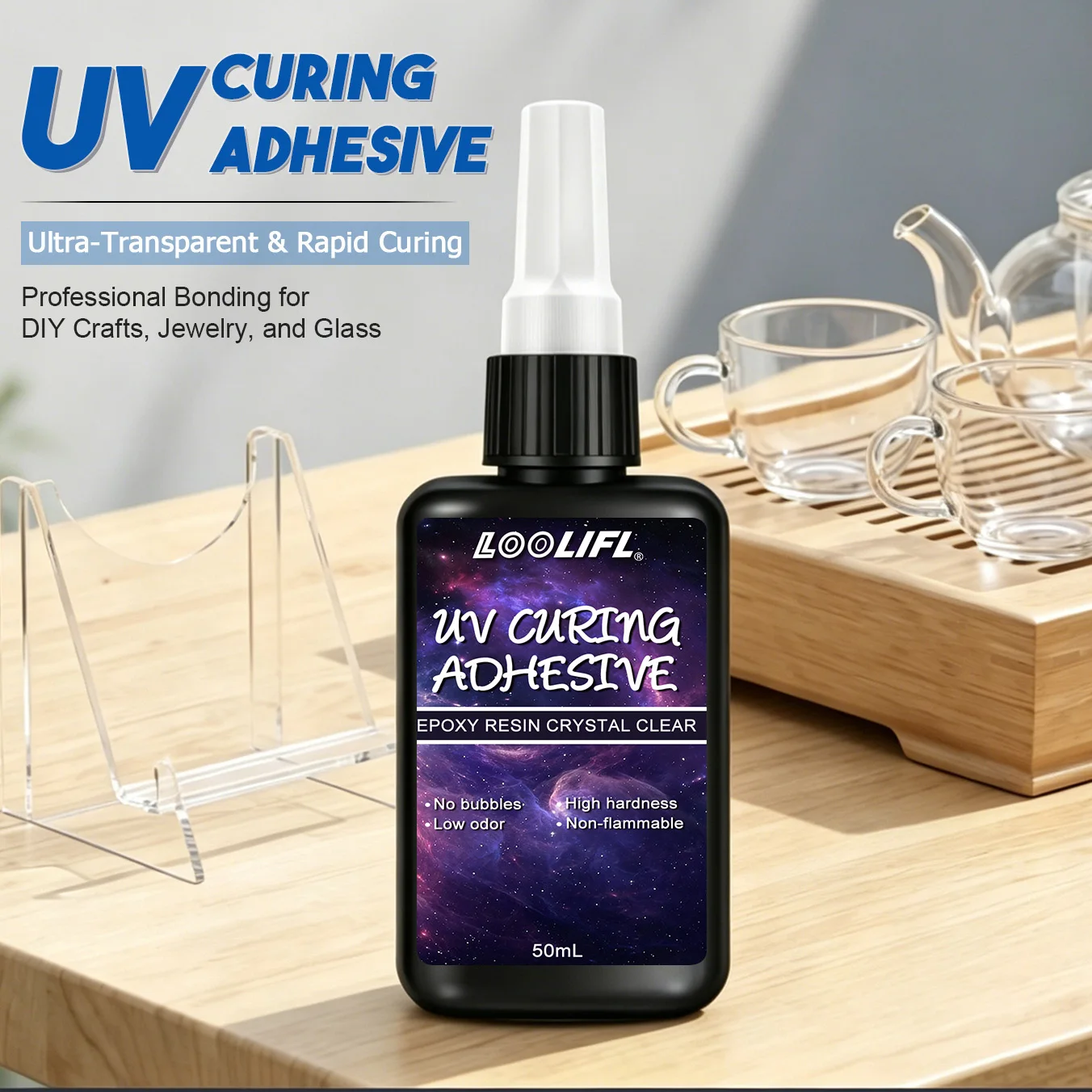 LOOLIFL 50ml UV Curing Adhesive Transparent No Trace No Bubble Fast Cure Glue for Glass Acrylic Home Appliance Furniture Repairs