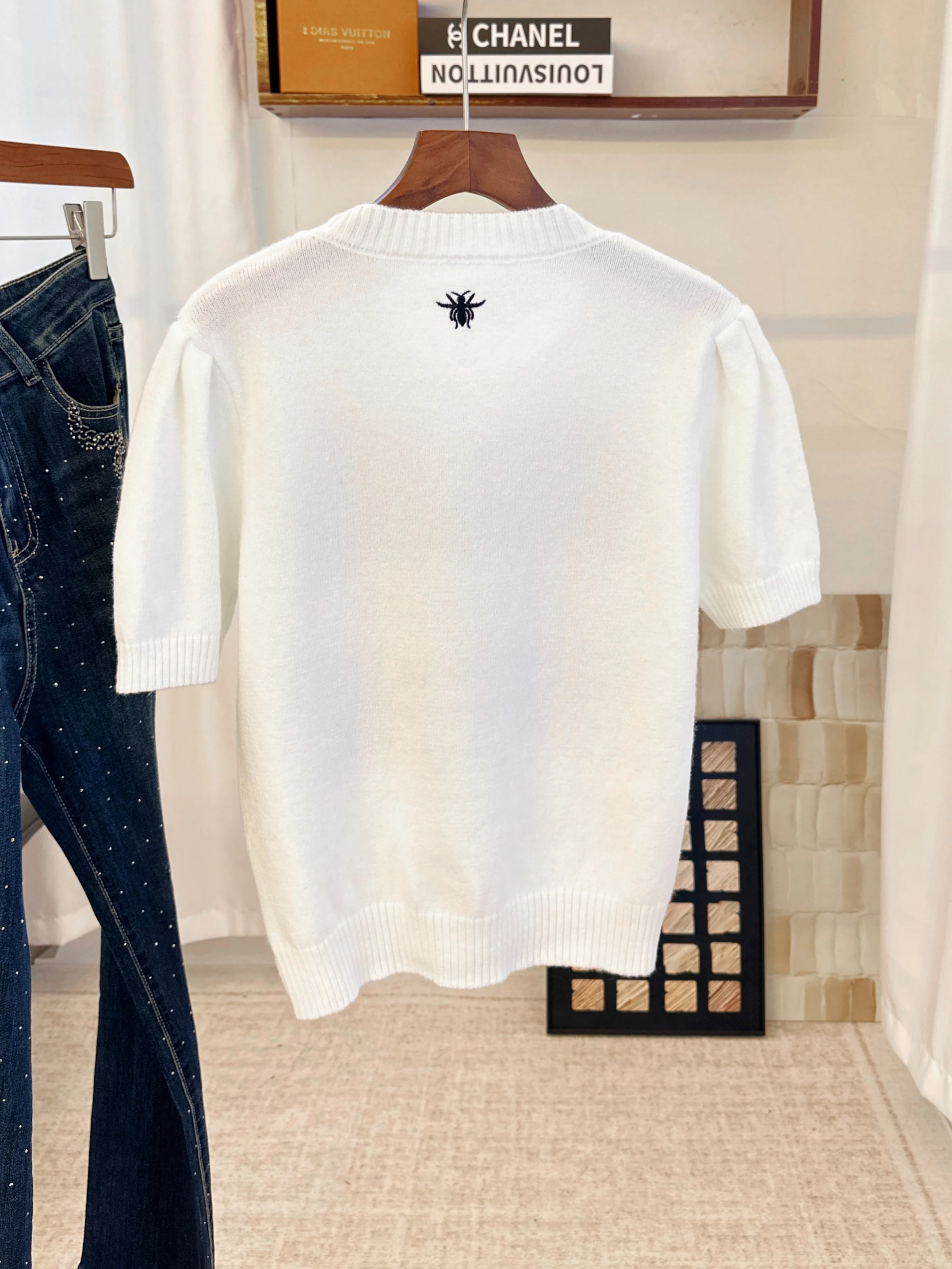 

Luxury Embroidered ort Sve Knitted Sweater Women's Spring Season Versatile Slimming Top Quali Ice Silk Material round ...