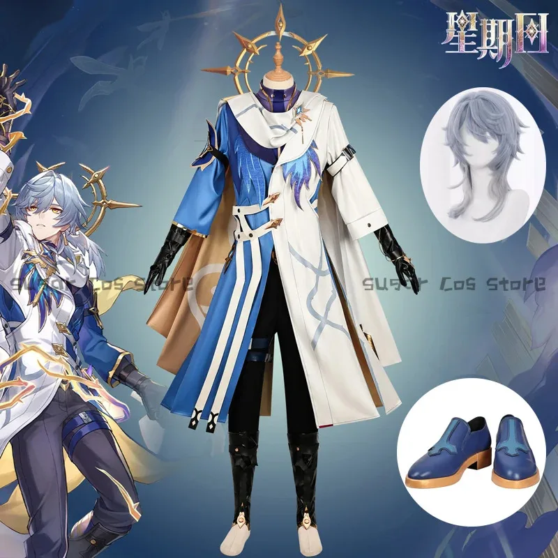 Honkai Star Rail 최신 상상력 넘치는 일요일 게임 코스프레 의상 역할 놀이 블루 화이트 코트 귀걸이 여성용 할로윈 파티 Menc;