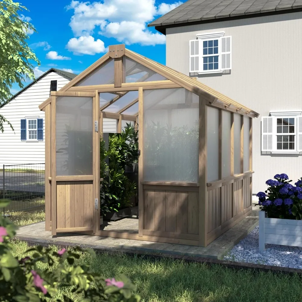 

6x8 FT Greenhouse with Lockable Door and Adjustable Roof Vent, Outdoor Polycarbonate Wooden Walk-in Greenhouse