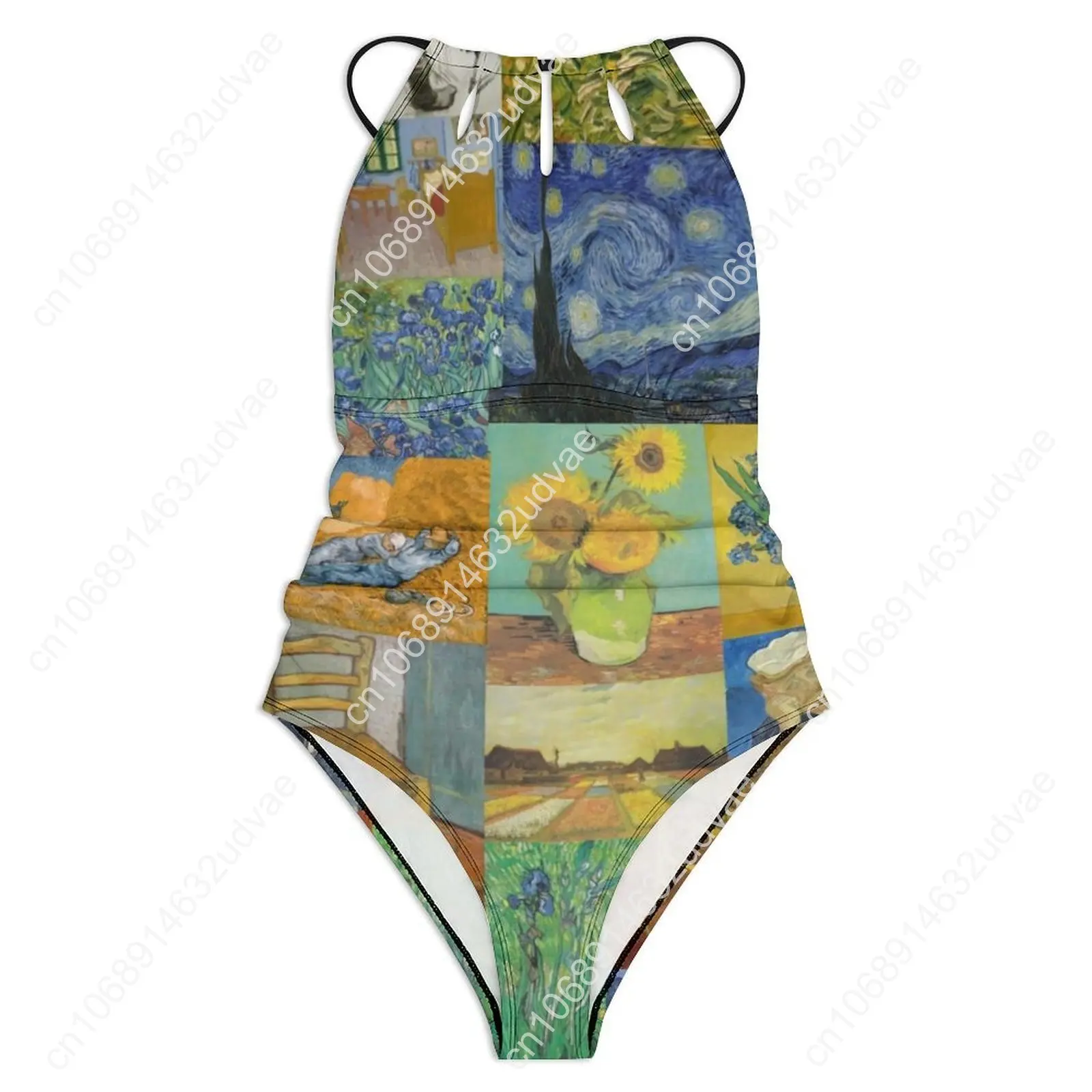 Van Gogh Collage traje de baño Sexy estampado de girasoles mujeres traje de baño de una pieza dulce trajes de baño surf Push Up Halter Monokini