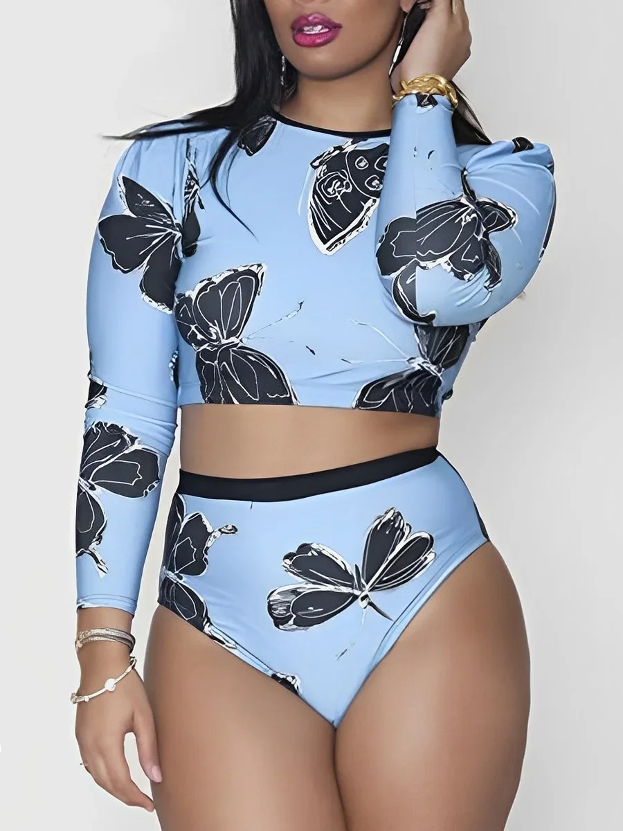 

Long Sleeve Surfing Swimsuit 2024 Printed High Waist Swimwear Women Two Pieces Rashguard Diving Clothes Bathing Swimming Suit