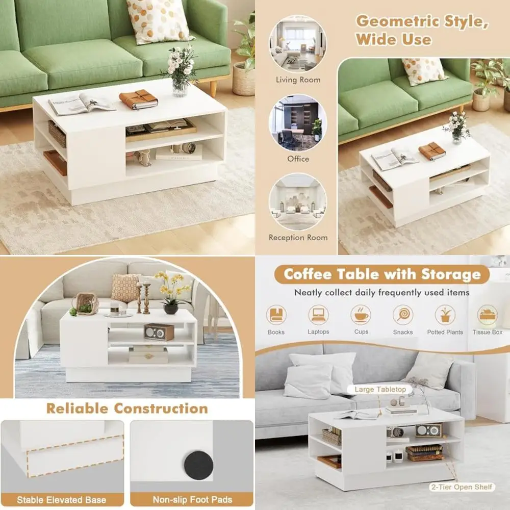 طاولة قهوة مستطيلة للتخزين بطبقتين مع قاعدة مرتفعة وتصميم هندسي حديث #1