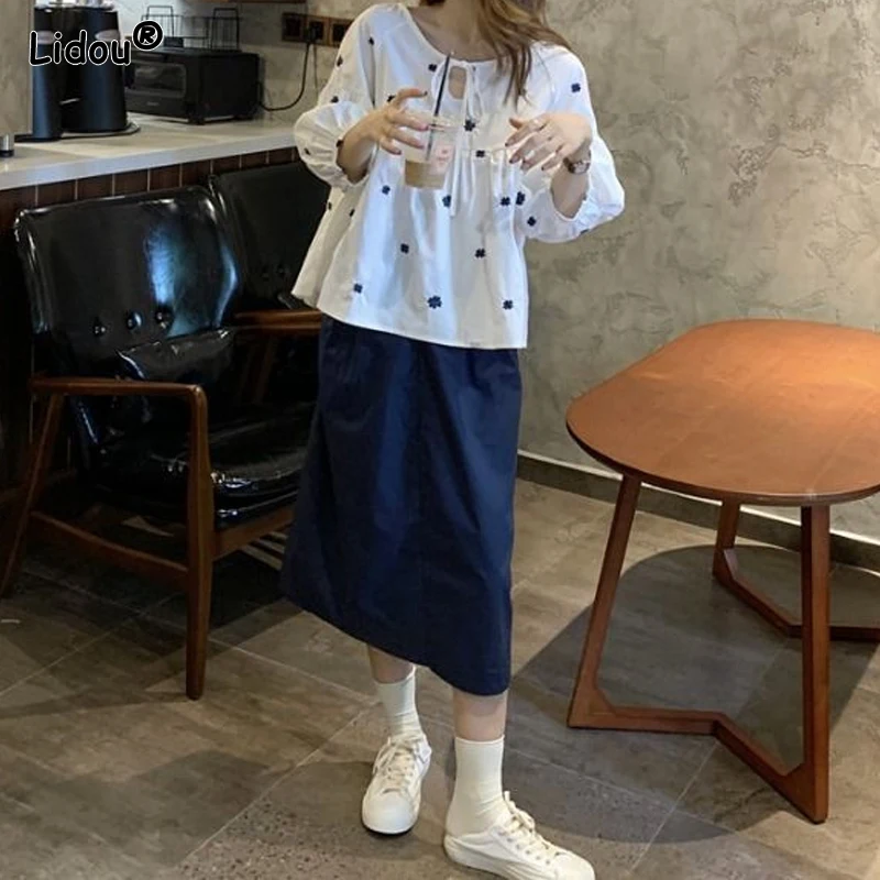 Spring Summer Thin Three Quarter Sleeve Lace-up Patchwork Solid Loose Printing Pleated Round Neck Fashion Women's Clothing 2022