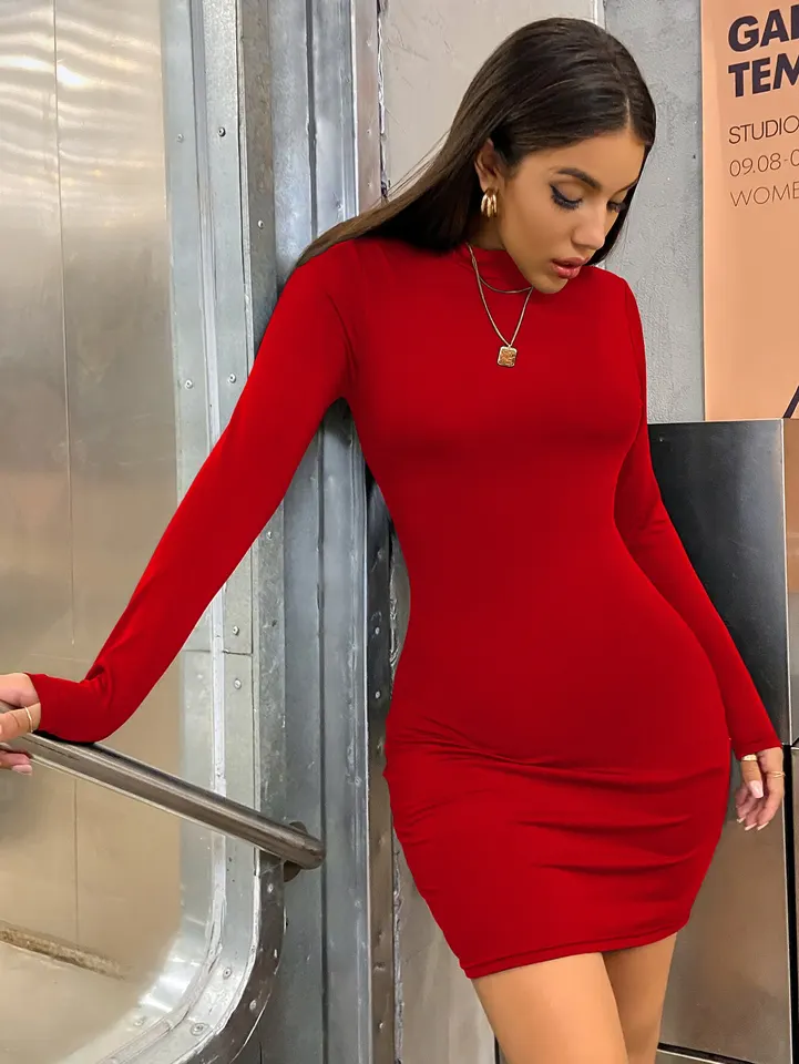 Vestido Mini de Manga Larga Ajustado para Mujer, Cuello Alto, Plisado, Fruncido, para Fiesta, Noche, Club, Color Sólido 2