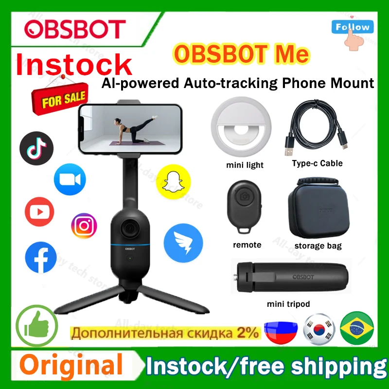 OBSBOT Me AI Powered Selfie Phone Mount Auto Tracking Quick Pick Smartphone Gimbal for Vlog Live streaming Photo Video Call