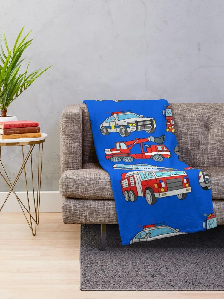 Firetrucks and Police Cars Throw Blanket Summer Tourist Blankets