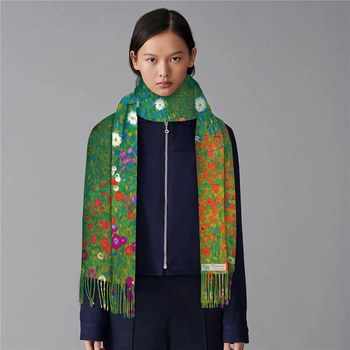 Oil Painting Cashmere Scarf Klimt Flower Farm Winter Scarf Women Rectangle Tassels Keep Warm Pashmina Brand Scarf Shawl Bandana